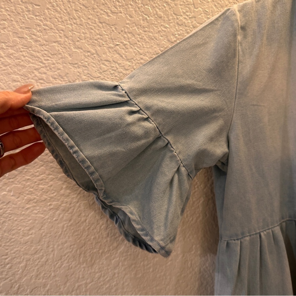 Light Wash Denim Babydoll Dress M Ruffle Tiered 3/4 Sleeve Boho Casual Cutesy - Picture 4 of 9